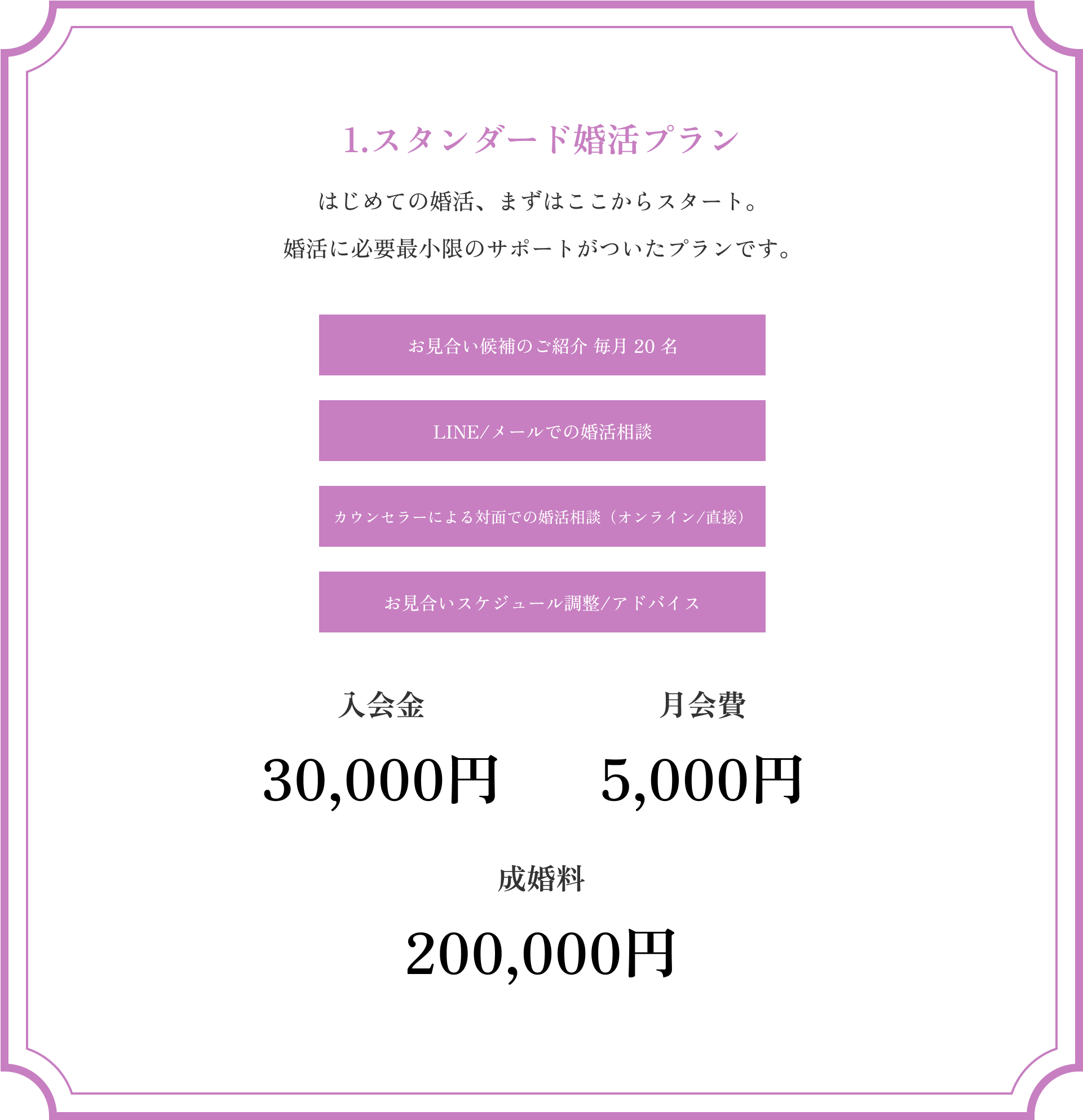 1.スタンダード婚活プランはじめての婚活、まずはここからスタート。
婚活に必要最小限のサポートがついたプランです。
お見合い候補のご紹介 毎月 20 名
LINE/メールでの婚活相談
カウンセラーによる対面での婚活相談（オンライン/直接）
お見合いスケジュール調整/アドバイス
入会金30,000円
月会費5,000円
成婚料200,000円
